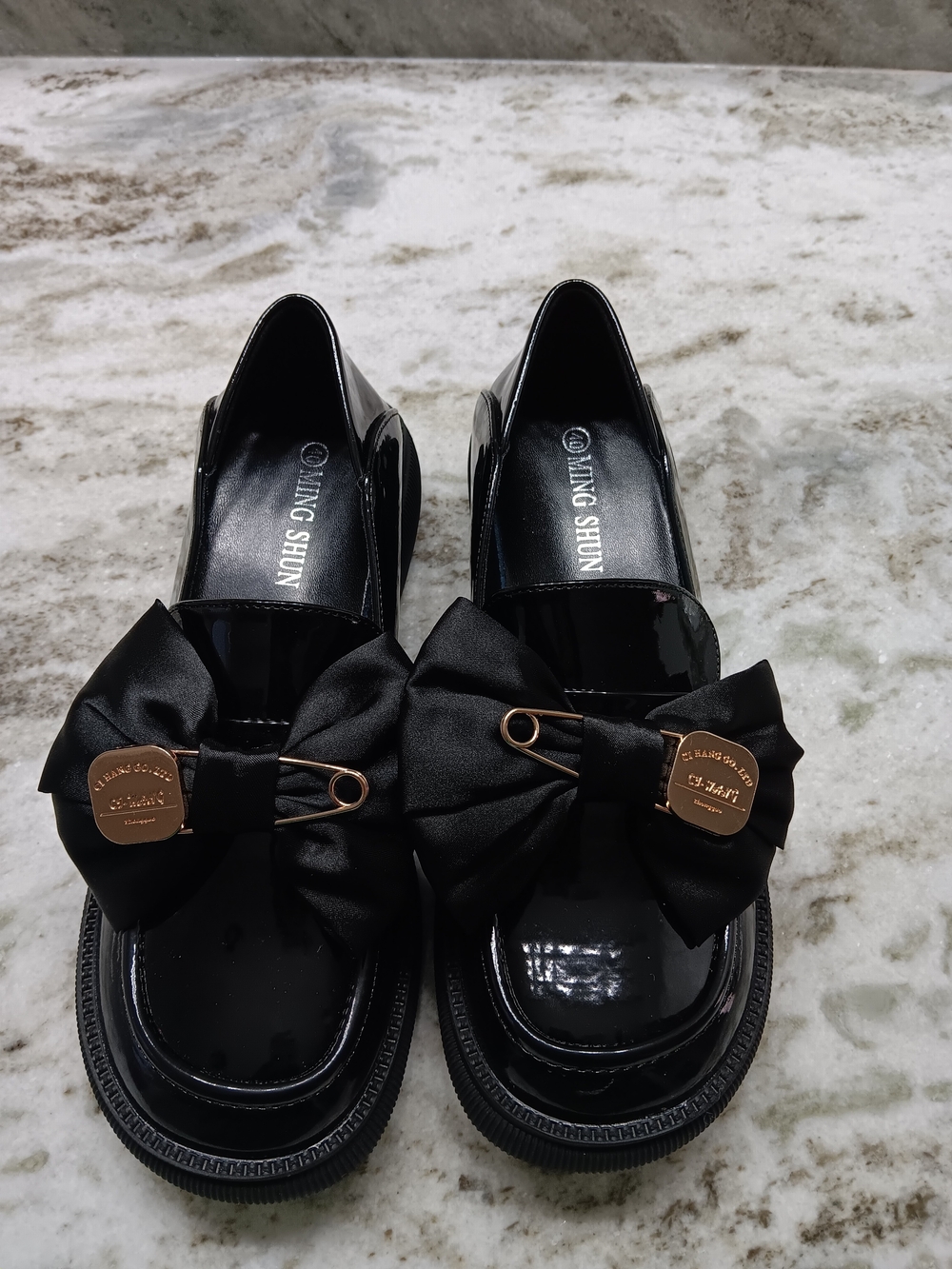 Black Patent Bow Loafers with Gold Accents